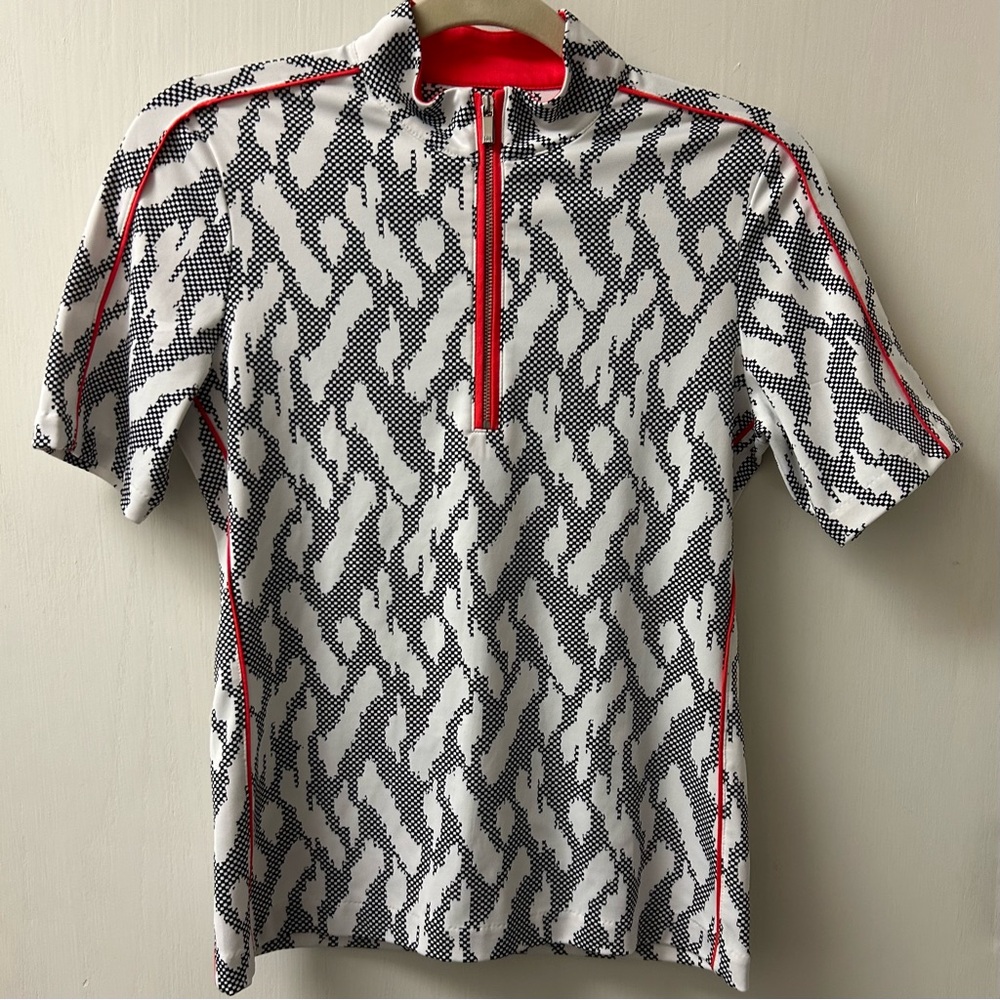 Tail Black and White Print Polo with Red Highlights